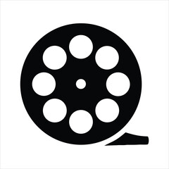 Black and white icon of a film reel with a strip of film