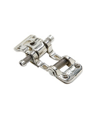 Obraz premium Stainless steel hinge mechanism. A heavy-duty, two-part hinge, featuring linked chain-like elements and threaded adjustments, likely for a door or panel