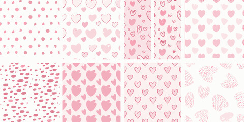 Collection of eight seamless pink heart and dot patterns for valentine s day or romantic designs