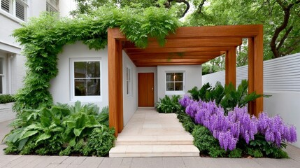 House with a porch and a wooden roof. The porch has a lot of plants and flowers, including purple flowers