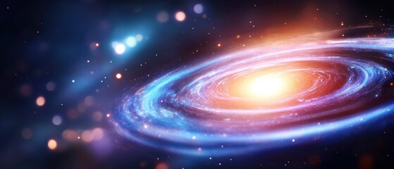 A vibrant depiction of a galaxy, showcasing swirling cosmic elements, bright stars, and a luminous core against a dark, starry background.