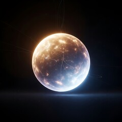 Fototapeta premium A vibrant, glowing sphere, seemingly a celestial body, emanates warmth and light against a dark, star-studded backdrop, with delicate, wispy lines tracing its surface and reaching out into the void.