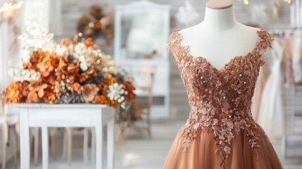 Obraz premium Elegant bridal gown displayed in a floral boutique during daytime