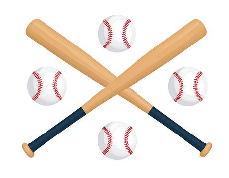 Two baseball bats crossed over three baseballs against a plain white background.