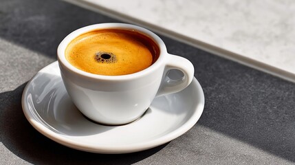 White coffee cup with a brown liquid in it sits on a white plate. The cup is almost empty, with only a small amount of liquid left in it. Concept of calm and relaxation