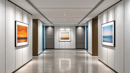 Modern art gallery corridor featuring three striking abstract paintings and architectural design