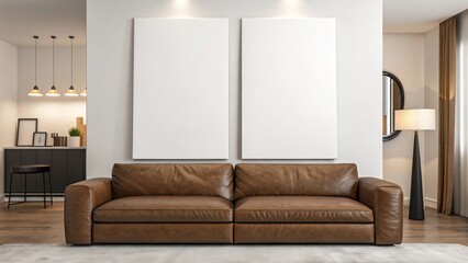 Modern living room with two blank canvases above a comfortable leather couch