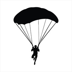 Silhouette of a skydiver descending with a parachute against a white background