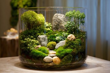 Miniature landscape inside a glass container featuring moss rocks and small plants.