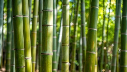 Close-up view showcases a vibrant grove of green bamboo stalks, bathed in sunlight filtering through the surrounding foliage. The image highlights the texture and structure of the bamboo