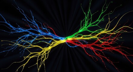Vibrant glowing multi-colored branching network extends from a central core against a dark background illuminated by radiating light beams