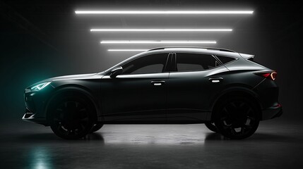 Fototapeta premium Sleek black SUV in futuristic neon light studio shot 