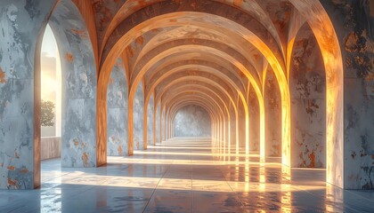 Fototapeta premium Sunlit, arched colonnade hallway