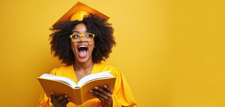 Excited young woman with curly hair wears yellow graduation cap, glasses. Holds open books, radiating joy, academic achievement. Bright yellow background success, optimistic outlook towards future