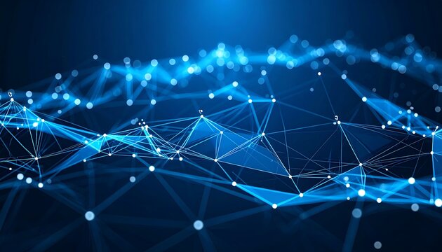 An abstract, digital rendering showcasing interconnected points and lines forming a 3D, undulating structure against a deep blue background. 