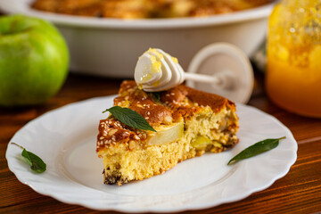 Classic apple pie in a ceramic mold the taste of childhood at home