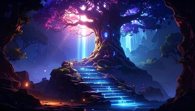 A mystical, vibrant fantasy landscape with a glowing tree and cascading steps