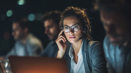 Focused medium shot of a professional analyzing live call metrics on a laptop surrounded by indistinct colleagues conveying realtime materiality survey monitoring.