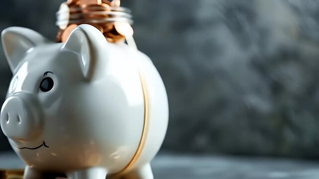 グレーの背景にコインの入ったガラス瓶の上に白いセラミックの豚の貯金箱