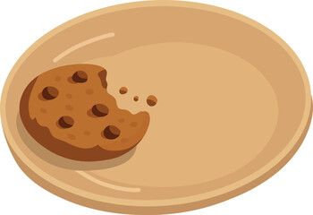 Illustration of a bitten chocolate chip cookie on a plate. Perfect for bakery menus, dessert packaging, recipe cards, Christmas graphics, and sweet food designs.