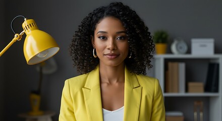 Confident businesswoman in yellow blazer exudes professionalism in a modern office setting,Generated Image