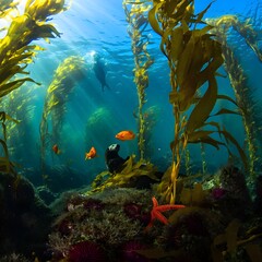 Fototapeta premium Colorful marine life flourishes among a vibrant tropical coral reef in the deep blue ocean 