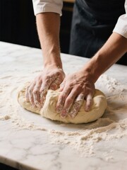 Baker Kneading Dough on a Floured Surface in a Commercial Kitchen with Hands Shaping Dough for Baking or Pizza Preparation