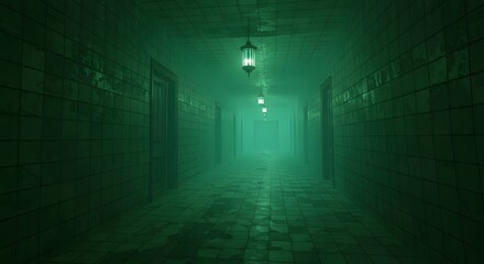 Spooky Hallway with Green Lighting and Fog
