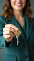Woman in teal suit holds golden house key forward. Focus on hand holding key symbolizing real estate transaction, home ownership, or investment success. Represents new beginnings and security.