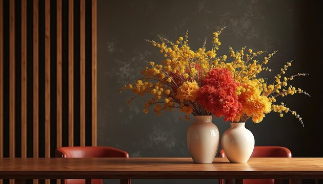 Two white ceramic vases hold vibrant bouquets of red, yellow flowers. Arranged on warm wooden table in cozy interior, floral display creates inviting atmosphere. Background features dark textured