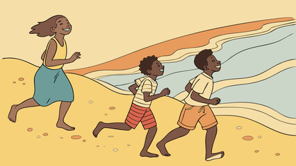 Friends Running Barefoot on Sandy Beach with Ocean Waves – Vector Illustration of Summer Nature and Youth Lifestyle