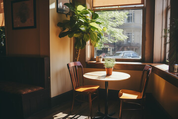 Obraz premium Cozy Coffee Corner with Wooden Table and Potted Plants