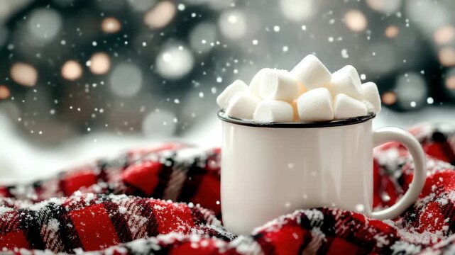 A single mug of hot chocolate topped with marshmallows, nestled in a red and black plaid blanket with falling snow and bokeh lights in the background 4k video