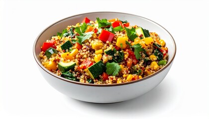 Vibrant Quinoa Salad with Fresh Diced Vegetables and Cilantro in a Bowl on a White Background.