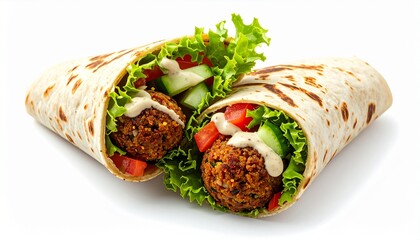 Two fresh falafel wraps cut in half with salad and tahini sauce, isolated on a white background.