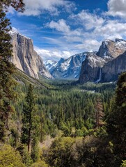 Obraz premium Yosemite Valley vista, a picturesque valley with towering granite cliffs and lush forests