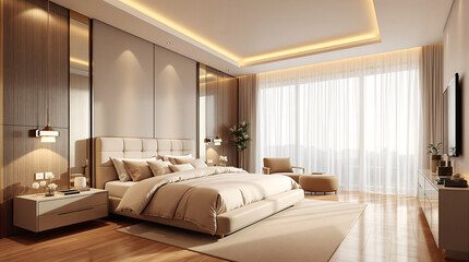 An elegant bedroom sanctuary designed for restful sleep and relaxation with soft neutral tones and