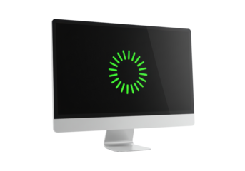 Isolated desktop computer showing loading process with graphic elements and screen