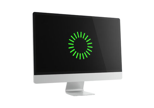 Isolated desktop computer showing loading process with graphic elements and screen
