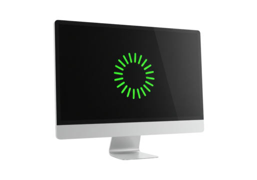Isolated desktop computer showing loading process with graphic elements and screen