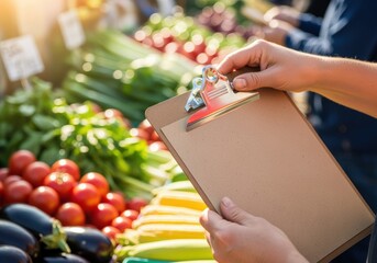 Woman Shopping for Fresh Organic Vegetables and Fruits at Market with Clipboard and Pen in Hand in Brightly Lit Grocery Store