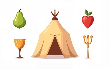 Happy Sukkot icon set, flat, cartoon style. Collection  objects, design elements. Jewish Feast of Tabernacles with sukkah, etrog, lulav, Arava, Hadas. Isolated on white background. Vector illustration