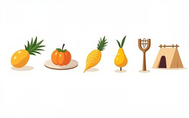 Happy Sukkot icon set, flat, cartoon style. Collection  objects, design elements. Jewish Feast of Tabernacles with sukkah, etrog, lulav, Arava, Hadas. Isolated on white background. Vector illustration