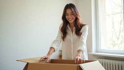Smiling woman unpacks parcel, receiving online shopping purchase from cardboard box. She holds clothes, looks with curiosity, happy about new gift or delivery. Relocation, moving home, unpacking.