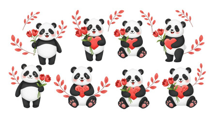 Obraz premium Collection of cute panda bears holding hearts and flowers isolated on transparent background