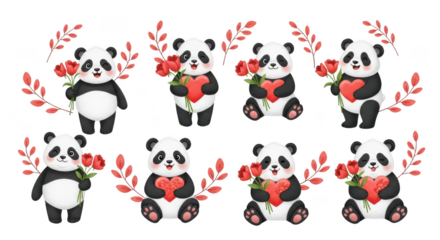 Collection of cute panda bears holding hearts and flowers isolated on transparent background