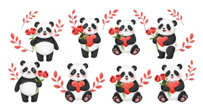 Collection of cute panda bears holding hearts and flowers isolated on transparent background
