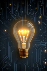 Illuminated light bulb on a circuit board background, symbolizing innovation and technology
