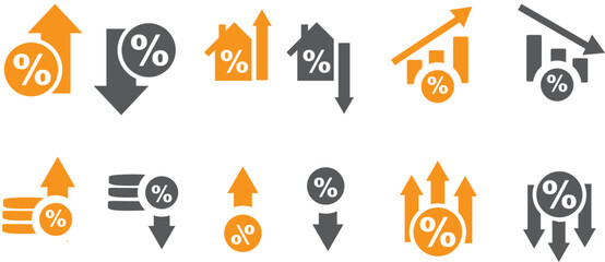 Low and high interest rate icon set. Percentage, growth, decline, mortgage, loan and finance symbols with up and down arrows for banking and economy. Solid vector icons collection