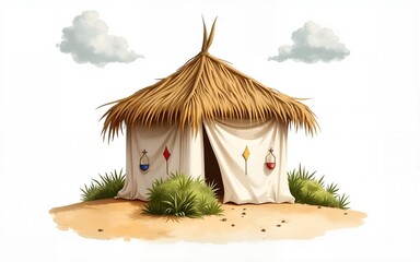 Jewish Sukkah with palm leaves on the top and paper decorations watercolor illustration isolated on white background for Sukkot holiday. Hand drawn succah hut. High quality